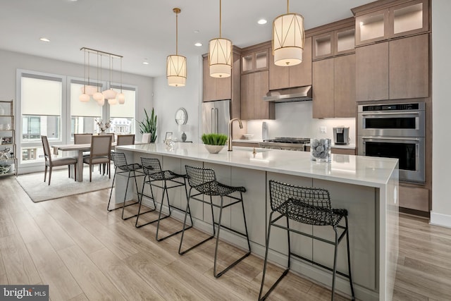 kitchen with under cabinet range hood, a breakfast bar area, light wood-style floors, stainless steel appliances, and a sink