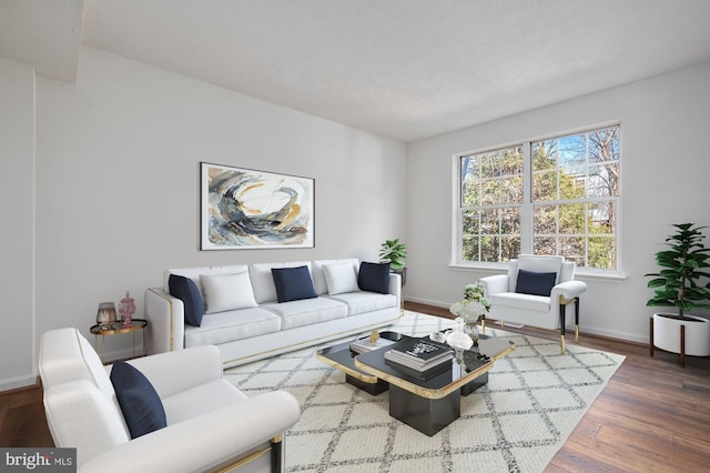 living area with baseboards and dark wood finished floors