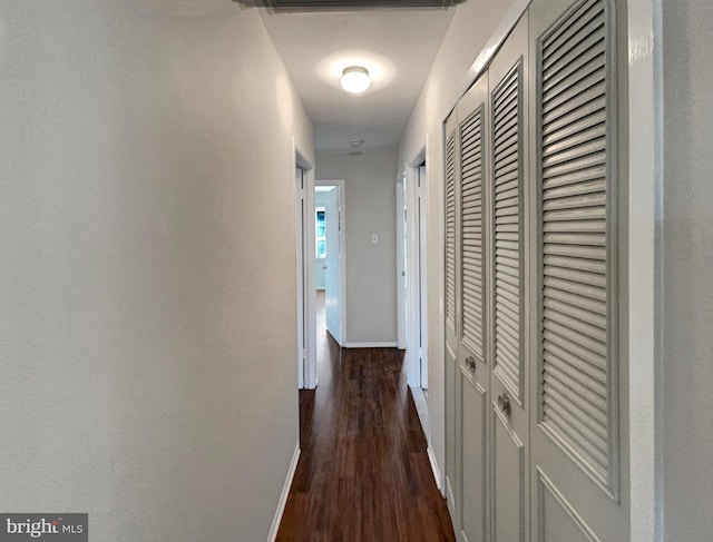 hallway featuring baseboards and dark wood-style flooring