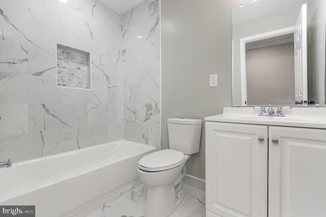 full bath with baseboards, toilet, marble finish floor, vanity, and shower / washtub combination