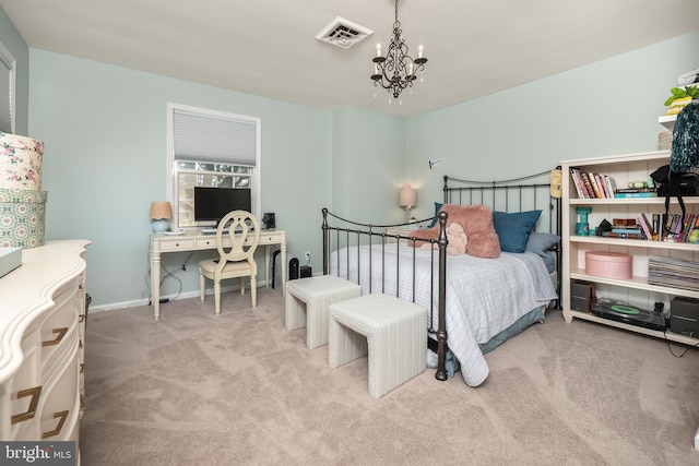 bedroom featuring baseboards, visible vents, a chandelier, and light colored carpet