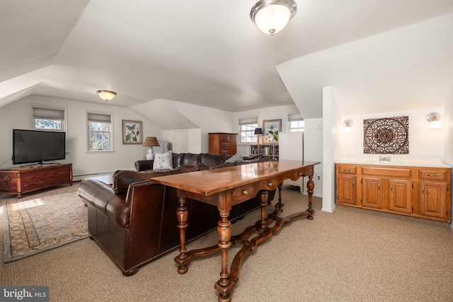 living room with vaulted ceiling, baseboard heating, and light carpet