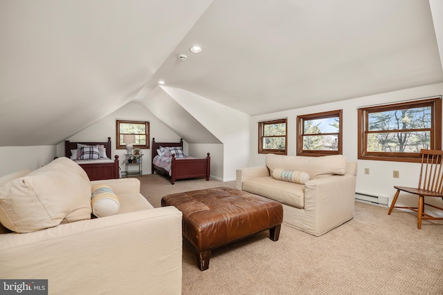 bedroom featuring a baseboard heating unit, light carpet, vaulted ceiling, and baseboards