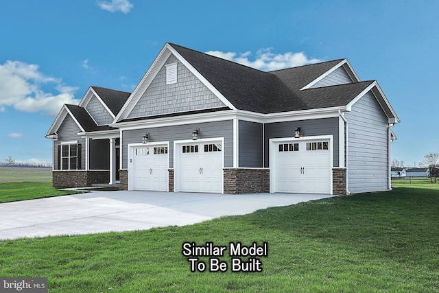 view of front facade featuring a shingled roof, concrete driveway, stone siding, an attached garage, and a front lawn