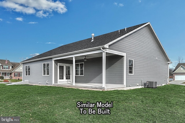 back of property featuring ceiling fan, a lawn, a patio area, and central air condition unit