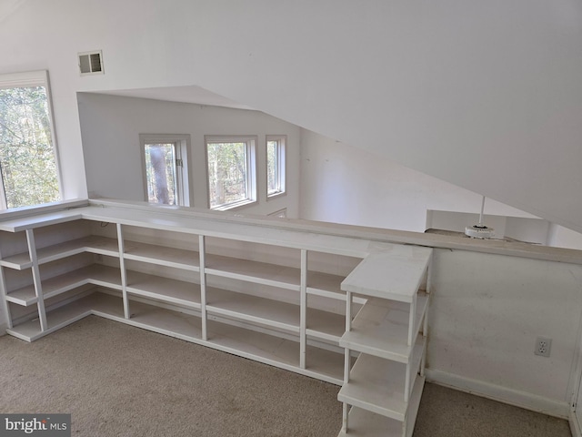 additional living space with vaulted ceiling, carpet floors, visible vents, and a healthy amount of sunlight