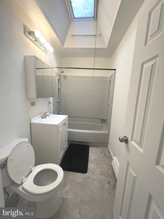 full bath with a skylight, toilet, vanity, and shower / tub combination