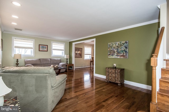 living room featuring crown molding, a baseboard radiator, stairway, wood finished floors, and baseboards