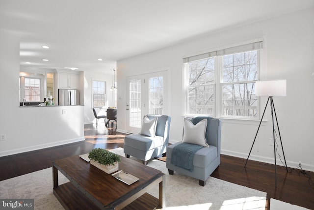 living room featuring wood finished floors, baseboards, and a healthy amount of sunlight