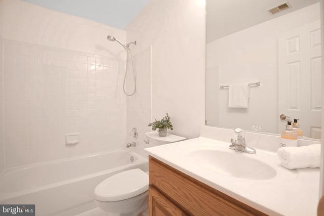 full bathroom featuring visible vents, toilet, bathtub / shower combination, and vanity