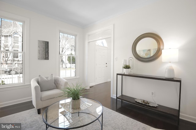 living area featuring baseboards, wood finished floors, and crown molding