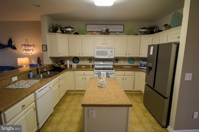 kitchen featuring white appliances, white cabinets, a sink, and a peninsula