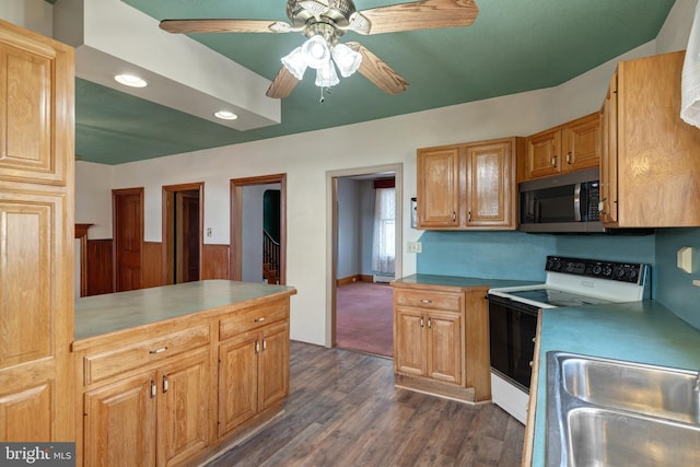 kitchen featuring ceiling fan, range with electric cooktop, a sink, dark wood-style floors, and stainless steel microwave