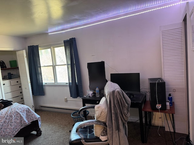 bedroom featuring carpet flooring and baseboard heating