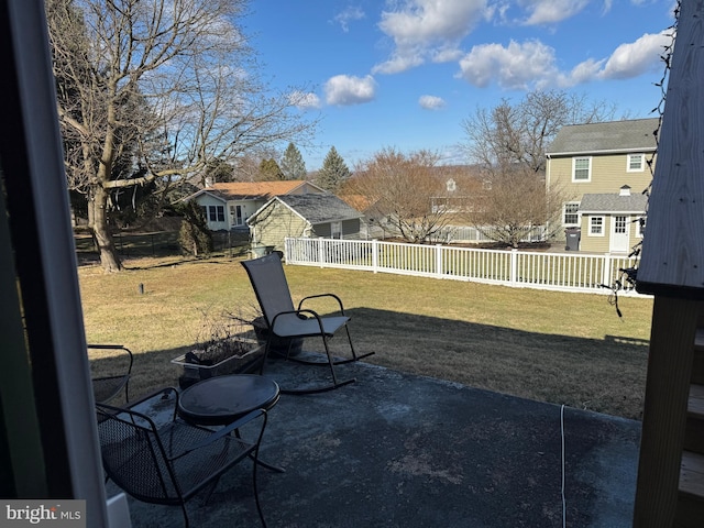 view of patio / terrace featuring a fenced backyard and a residential view