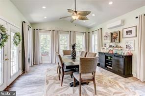 dining room featuring recessed lighting, an AC wall unit, vaulted ceiling, and ceiling fan