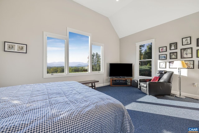 carpeted bedroom with lofted ceiling and baseboards