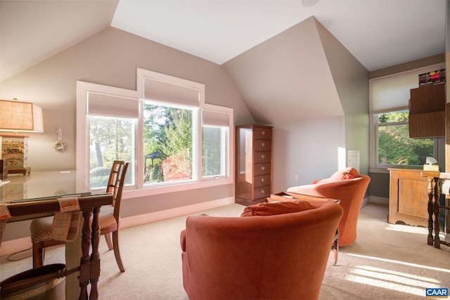 interior space featuring light carpet, baseboards, and vaulted ceiling