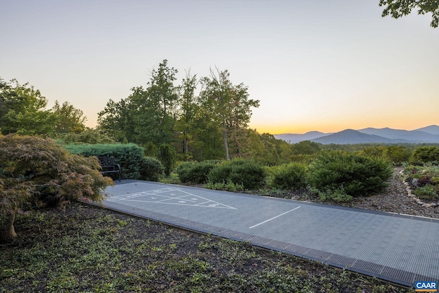 view of community featuring a mountain view and shuffleboard