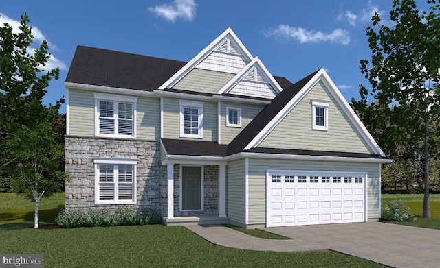 view of front facade with driveway, stone siding, a garage, and a front lawn