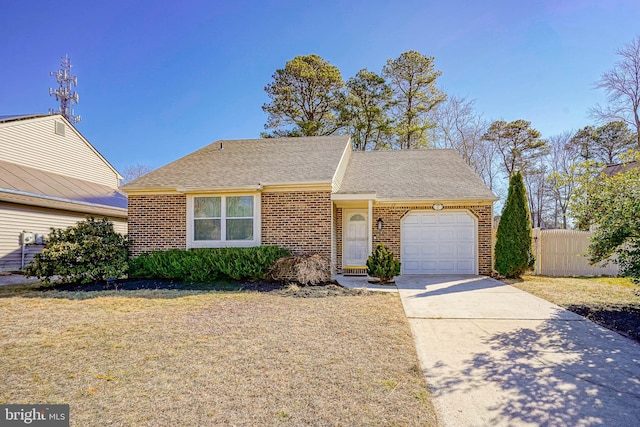 ranch-style house with driveway, roof with shingles, an attached garage, fence, and brick siding