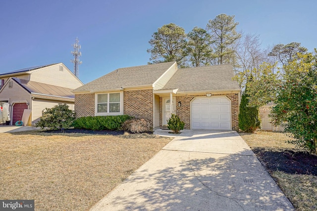 view of front of home with a garage, driveway, brick siding, and roof with shingles