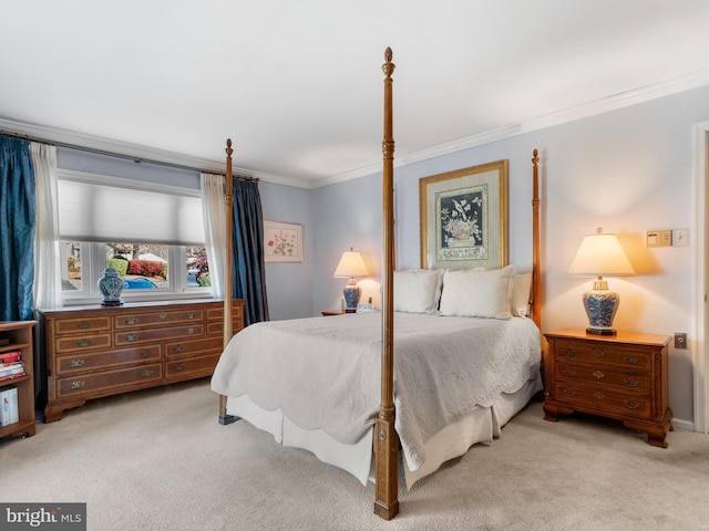 bedroom featuring light colored carpet and crown molding