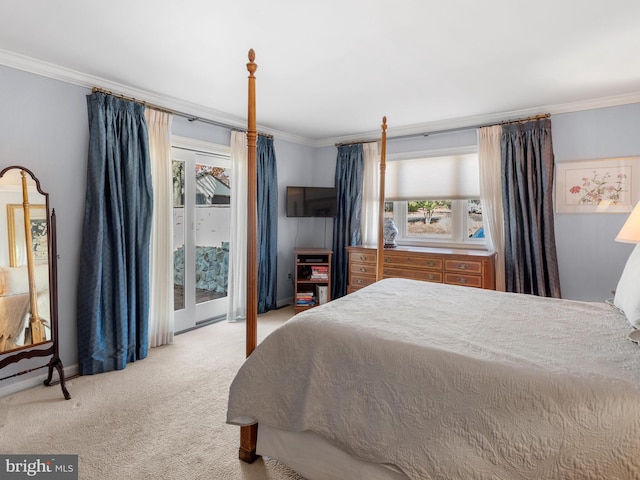 bedroom featuring light carpet, access to outside, and crown molding