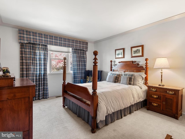 bedroom featuring light carpet and crown molding