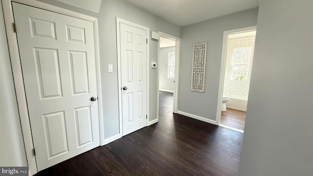 entryway featuring dark wood-style flooring and baseboards