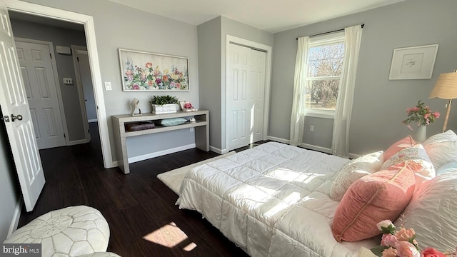 bedroom with dark wood-type flooring, a closet, and baseboards