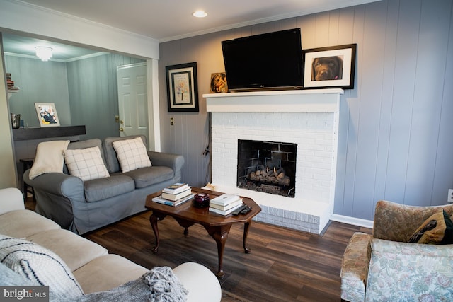 living area featuring ornamental molding, a fireplace, and wood finished floors