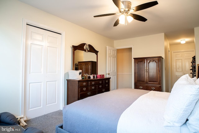 bedroom featuring ceiling fan and carpet flooring