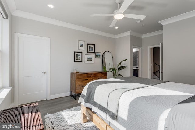 bedroom with ceiling fan, recessed lighting, wood finished floors, baseboards, and crown molding