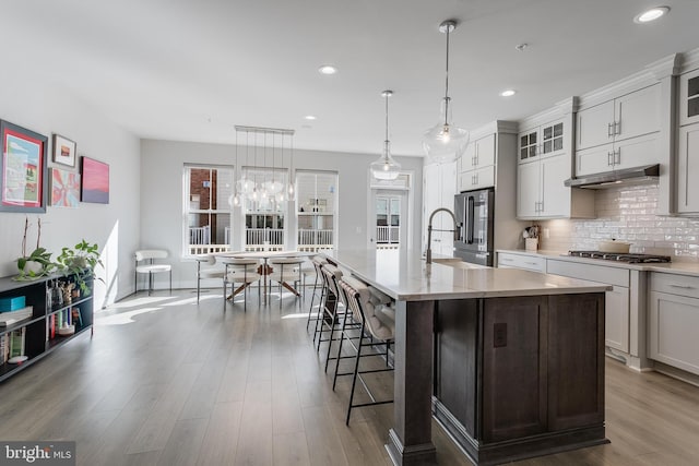 kitchen featuring stainless steel appliances, decorative backsplash, a sink, wood finished floors, and under cabinet range hood