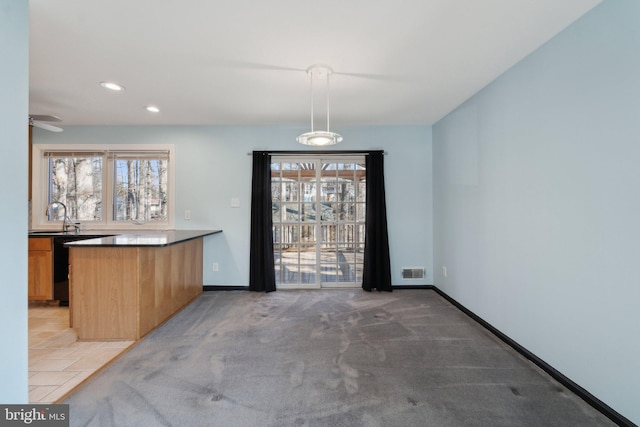 interior space featuring light carpet, a sink, visible vents, and baseboards