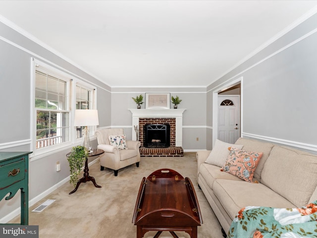 living room with light carpet, visible vents, baseboards, a brick fireplace, and crown molding