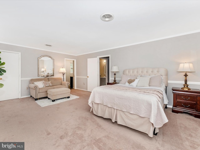 bedroom with crown molding, baseboards, visible vents, and light colored carpet