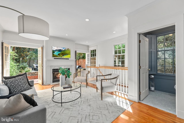 living room featuring light wood-type flooring, recessed lighting, crown molding, and a high end fireplace