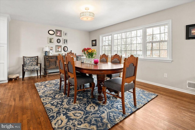 dining space featuring visible vents, baseboards, and wood finished floors