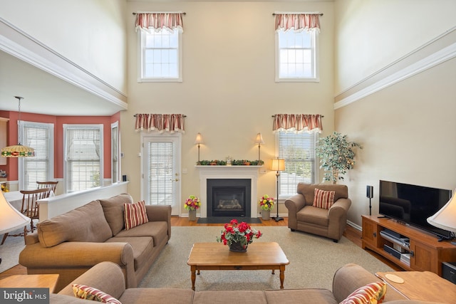 living area featuring a high ceiling, a fireplace with flush hearth, and plenty of natural light