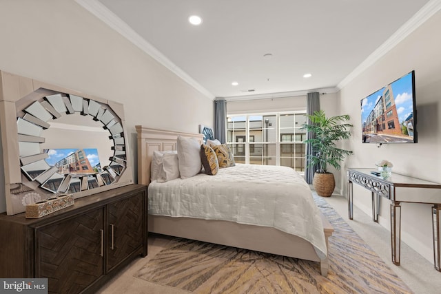 bedroom with recessed lighting, ornamental molding, and light colored carpet