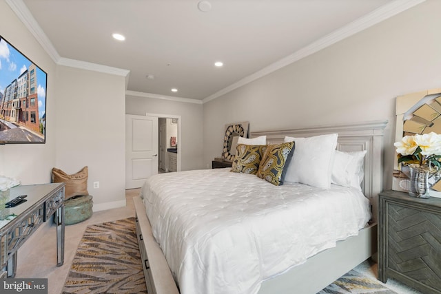 bedroom with recessed lighting, baseboards, crown molding, and light colored carpet