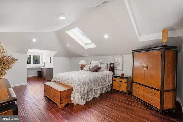 bedroom featuring lofted ceiling with skylight, baseboards, visible vents, and dark wood-type flooring