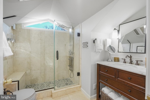 full bathroom with toilet, a shower stall, vaulted ceiling, and vanity