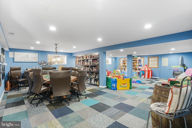 recreation room with recessed lighting, baseboards, visible vents, and carpet