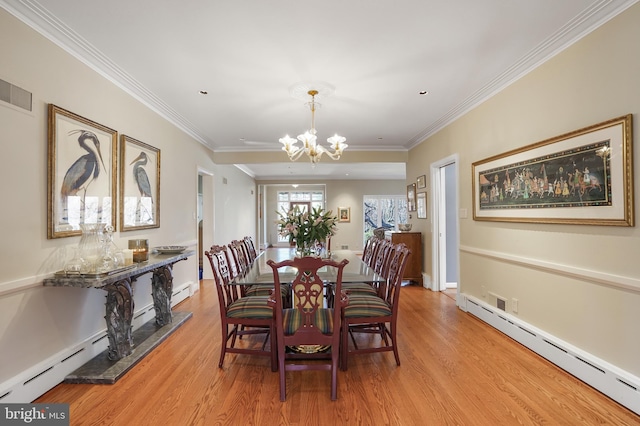 dining room with light wood-type flooring, a baseboard radiator, crown molding, and an inviting chandelier