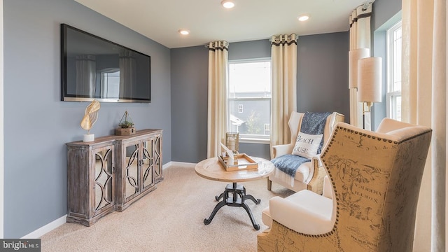 sitting room with baseboards, carpet flooring, and recessed lighting