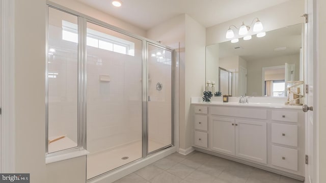 bathroom with tile patterned flooring, vanity, and a shower stall