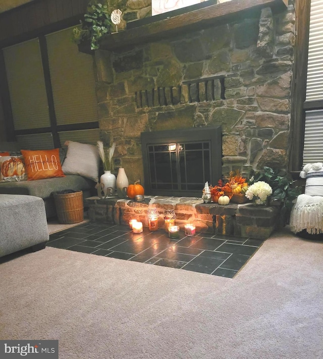 details with carpet floors and a fireplace